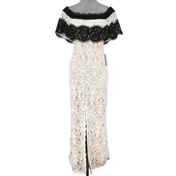 Harlyn Gown Womens Small Ivory Black Lace Lined Dress Off Shoulder Slit New - Picture 1 of 15